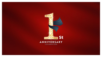 1st Anniversary celebration - Golden numbers with red fabric background	