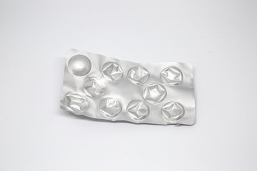 Close-up empty blister strip with front view, isolated on white backgroun