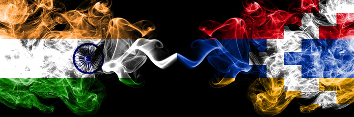 India vs Artsakh smoke flags placed side by side. Thick colored silky smoke flags of Indian and Artsakh