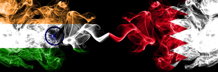 India vs Bahrain, Bahrani smoke flags placed side by side. Thick colored silky smoke flags of Indian and Bahrain, Bahrani