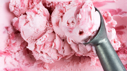 closeup scooping ice cream Strawberry, Top view Blank for design..