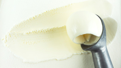 closeup scooping ice cream vanilla, Food concept, Blank for design.