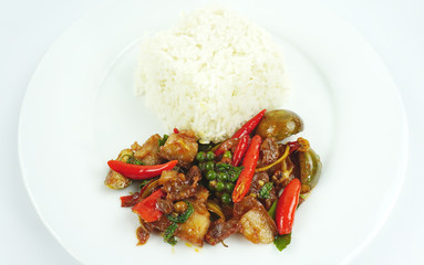Thai food, Fried Basil and Pork in a plate on white background.