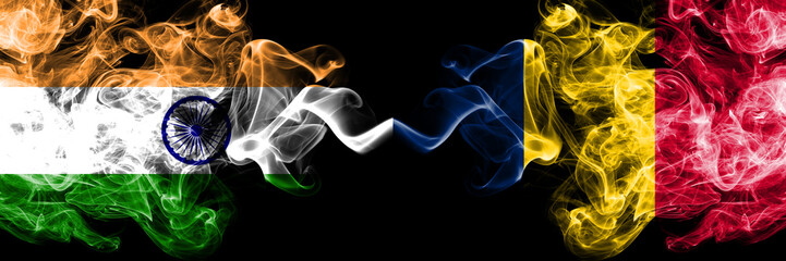 Fototapeta premium India vs Chad, Chadian smoke flags placed side by side. Thick colored silky smoke flags of Indian and Chad, Chadian