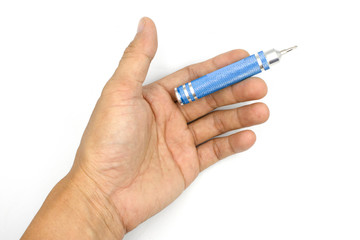 Male hand holding small screwdriver, Precision screwdriver, man hand isolated on white background