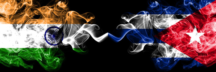 India vs Cuba, Cuban smoke flags placed side by side. Thick colored silky smoke flags of Indian and Cuba, Cuban