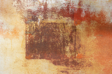 The surface of rusty iron sheet with frame. Rough texture with spots of different colors