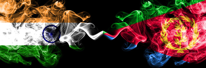 India vs Eritrea smoke flags placed side by side. Thick colored silky smoke flags of Indian and Eritrea