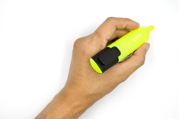 A male hand holding markers pen, Highlighter, man hand  isolated on white background
