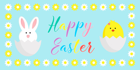 Easter egg hunt poster vector.Cute cartoon Happy Easter chicken bird, bunny.