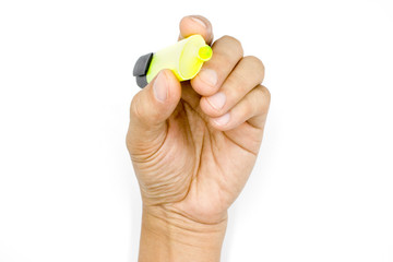 A male hand holding markers pen, Highlighter, man hand  isolated on white background