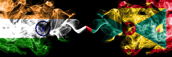 India vs Grenada smoke flags placed side by side. Thick colored silky smoke flags of Indian and Grenada