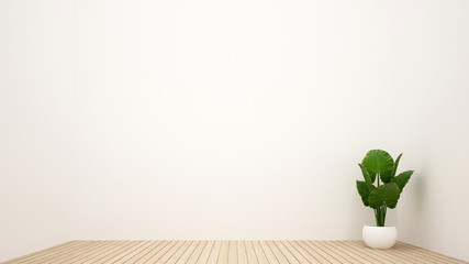 Empty room simple design in hotel or home. Plant in white empty room Scandinavian style for artwork. 3D Illustration for minimal style.