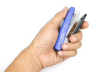 A male hand holding stapler, man hand  isolated on white background