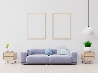 Poster above white sofa with plants next to grey sofa in simple living room interior.3D Rendering