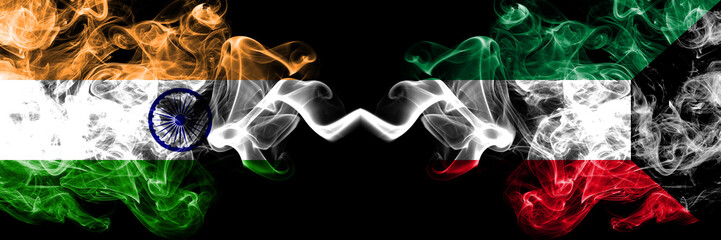 India vs Kuwait, Kuwaiti smoke flags placed side by side. Thick colored silky smoke flags of Indian and Kuwait, Kuwaiti