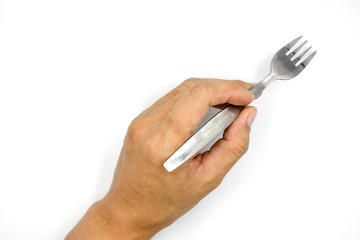 A male hand holding fork, man hand  isolated on white background