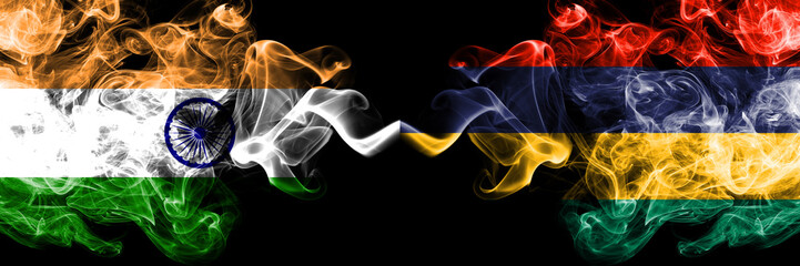 India vs Mauritius, Mauritian smoke flags placed side by side. Thick colored silky smoke flags of Indian and Mauritius, Mauritian