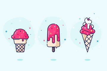 Collection of 3 vector ice-cream illustrations. Spot illustrations. Icons - 260633592