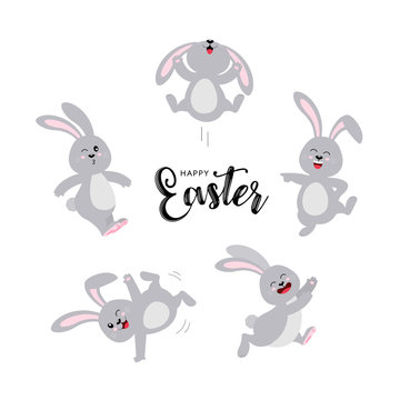 Set of  gray rabbits in different pose. Happy Easter day concept. Funny cartoon character design. Vector illustration isolated on white background.