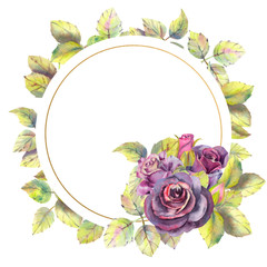 Flowers of dark roses, green leaves, composition in a geometric Golden frame. The concept of the wedding flowers. Round frame. Flower poster, invitation. Watercolor compositions f