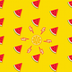 Fruity seamless vector pattern with watermelon pieces, orange with thunderbolts