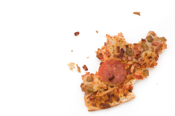 Partially eaten slice of pizza on a white background