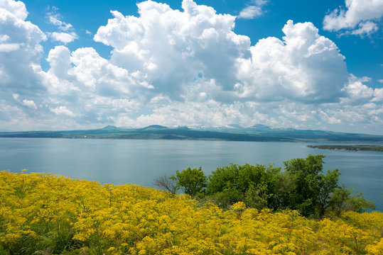 Sevan, Armenia - Jun 07 2018- Sevan lake view from Sevanavank Monastery. a famous landscape in Sevan, Gegharkunik, Armenia.