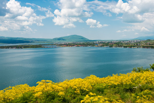 Sevan, Armenia - Jun 07 2018- Sevan lake view from Sevanavank Monastery. a famous landscape in Sevan, Gegharkunik, Armenia.
