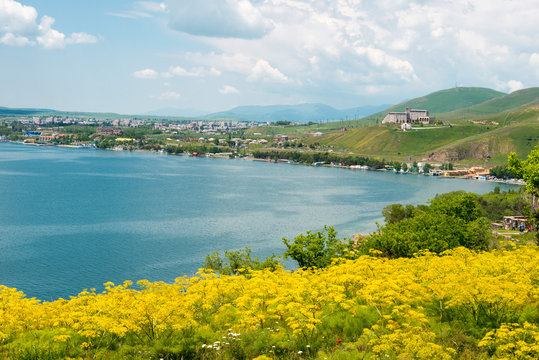 Sevan, Armenia - Jun 07 2018- Sevan lake view from Sevanavank Monastery. a famous landscape in Sevan, Gegharkunik, Armenia.