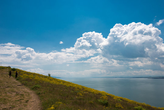Sevan, Armenia - Jun 07 2018- Sevan lake view from Sevanavank Monastery. a famous landscape in Sevan, Gegharkunik, Armenia.