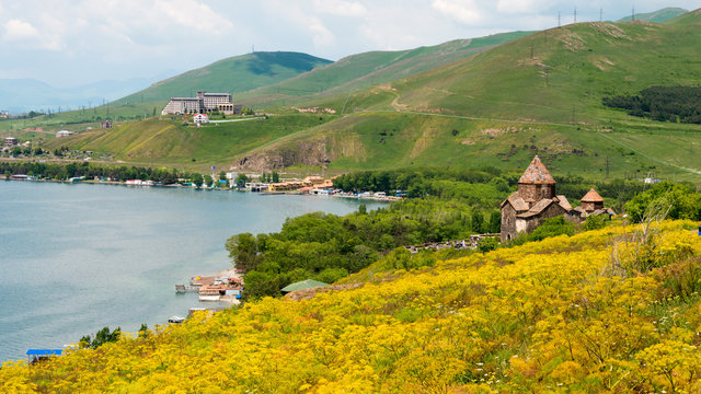 Sevan, Armenia - Jun 07 2018- Sevan lake view from Sevanavank Monastery. a famous landscape in Sevan, Gegharkunik, Armenia.