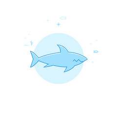 Shark Flat Vector Illustration, Icon. Light Blue Monochrome Design. Editable Stroke