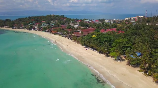 Aerial Tahailand: Haad Rin beach line, taxi boats area, view from the drone, koh Phangan island