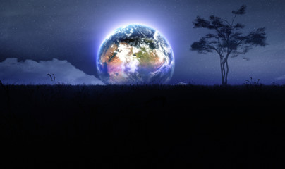Konzeptkunst der Erde, die in den Nachthimmel über der natürlichen Umgebung der Wiese steigt