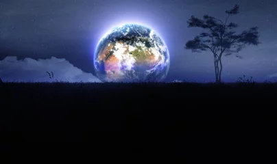 Papier peint adhésif Pleine Lune arbre art conceptuel de la terre s& 39 élevant dans le ciel nocturne au-dessus de l& 39 environnement naturel de la prairie