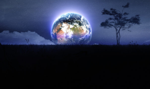 concept art of earth rising in the night sky over meadow natural environment 
