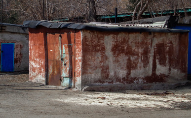 Old shabby garage. Barn. Ust-Kamenogorsk (Kazakhstan). Old building