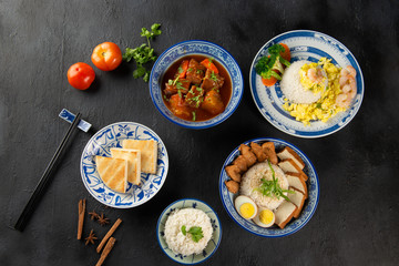 various asian foods rice and dishes