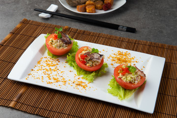 chinese crab meat salad with shark fin and roe inside tomato