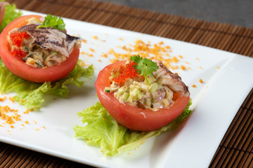 chinese crab meat salad with shark fin and roe inside tomato