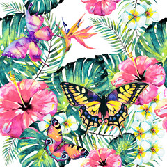 Hawaiian flowers, butterflies, watercolor, exotic plants, isolated on a white