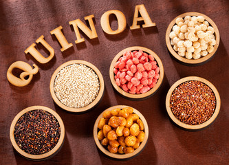 Seeds of white, red and black quinoa - Chenopodium quinoa.
