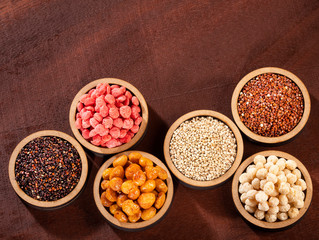 Seeds of white, red and black quinoa - Chenopodium quinoa.