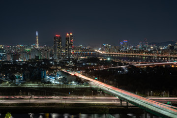 The night view of Seoul. Cars on the road. Traffic at Seoul City,South Korea.