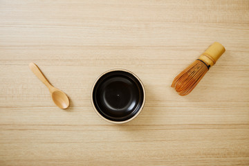 Matcha green tea on wood background