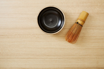 Matcha green tea on wood background