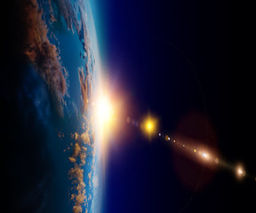 Sunrise on planet orbit, space beauty