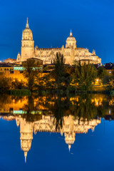 Fototapeta na wymiar The Cathedral of Salamanca reflecting in the river Tormes at night