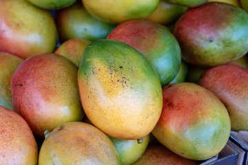 Fresh colorful tropical mangoes on display at outdoor farmers market at little India, street market, Singapore , closeup, mango background